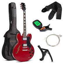 Load image into Gallery viewer, Best Choice Products Semi-Hollow Body Electric Guitar Set w/Dual Humbucker Pickups, 3-Way Pickup Selector, Case, Electronic Tuner, Capo, Strap, Picks, Cutaway Design - Red
