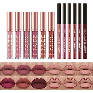 12Pcs Matte Liquid Lipstick + Lip Liner Pens Set, One Step Lips Makeup Kits Pigment Velvety Nude Lip Stain Waterproof Long Wear Lip Gloss Make up Gift Set