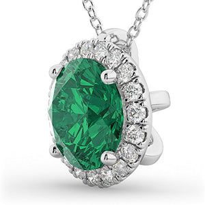 (2.29ct) 14k White Gold Halo Round Emerald and Diamond Accented Pendant Necklace