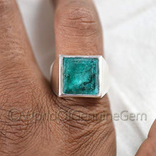 Load image into Gallery viewer, Green Emerald Silver Ring, 925K Sterling Silver, Faceted Rectangle, Natural Emerald Corundum, Handmade, High Polished Jewelry, Men&#39;s Emerald Ring, Unique Gift For Him, Birthday Gift, Anniversary Ring
