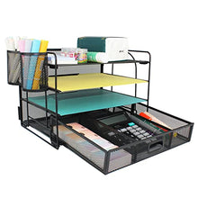 Load image into Gallery viewer, FancoYard Desk Organizers Set, Mesh Office Supplies Paper File Organizer for Desk with Pen Holder, Notebook, Pencil Storage Accessories with 4 Trays + Sliding Drawer, Black
