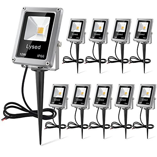 Lysed 10W Low Voltage LED Landscape Lights, Flood Light Outdoor 12V Super Warm White (1000LM) IP66 Waterproof Garden Pathway Lighting Wall Tree Flag Spotlights with Spike Stand (10 Pack)