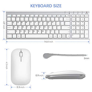 Wireless Keyboard Mouse, Seenda Ultra Thin Small Rechargeable Keyboard and Mouse Set with Number Pad, Aluminum Wireless Keyboard for Windows Laptop Computer, Silver White