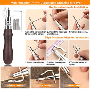 50 Pieces Leather Working Tools and Supplies with Leather Tool Box Prong Punch Edge Beveler Wax Ropes Needles Perfect for Stitching Punching Cutting Sewing Leather Craft Making
