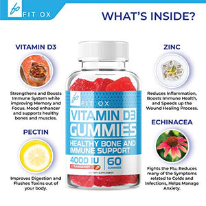 Vitamin D3 Gummies with Zinc Echinacea Supplements 4000 IU, Chewable Vitamin D for Adults Kids - VIT D Immune Booster, Bone Health, Joint Muscle Support -Tablet Powder Alternative Vegan (2 Pack)