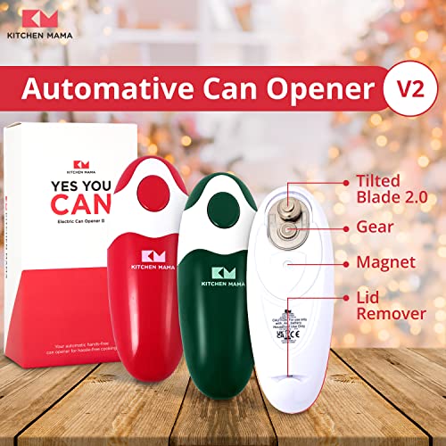 Load image into Gallery viewer, Kitchen Mama Electric Can Opener V2 Christmas Color Edition: Upgraded Blade Opens Any Can Shape - No Sharp Edge, Food-Safe, Handy with Lid Lift, Battery Operated & Handheld (Bundle Red & Army Green)