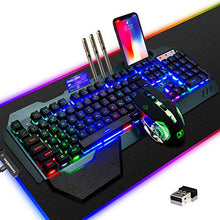 Load image into Gallery viewer, Gaming Keyboard Mouse &amp; Mouse Pad Kit,3 in 1 Rainbow Backlit Rechargeable Wireless Keyboard Mouse with 3800mAh Battery Metal Panel Removable Hand Rest,RGB Gaming Mousepad(32.5x12inch),Gaming Mouse

