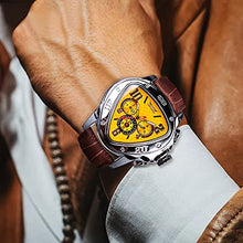 Load image into Gallery viewer, Jaragar Automatic Mechanical Wrist Watch Golden for Mens Watches with Leather Band Sport Mechanical Watches Triangle Bezel Design Fashion Yellow Dial
