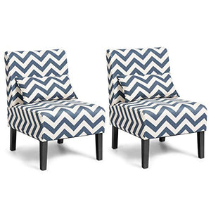Giantex Set of 2 Armless Accent Chair w/Back Pillow, Wood Legs, Soft Sponge, Upholstered Fabric Accent Side Chair, Living Room Chair for Home, Bedroom, Office (2, Blue/White)