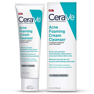 CeraVe Acne Foaming Cream Cleanser | Acne Treatment Face Wash with 4% Benzoyl Peroxide, Hyaluronic Acid, and Niacinamide | Cream to Foam Formula | 5 Oz