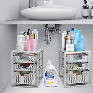 Simple Trending 3-Tier Under Sink Cabinet Organizer with Sliding Storage Drawer, Desktop Organizer for Kitchen Bathroom Office, Stackbale, Silver