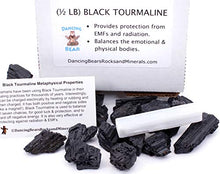 Load image into Gallery viewer, Dancing Bear Black Tourmaline Crystals Bulk (1/2 LB), Includes: (1) Selenite Stick &amp; Information Cards, Rough Raw Natural Stones for Good Vibes, Reiki Energy, EMF &amp; Radiation Protection, Made in USA
