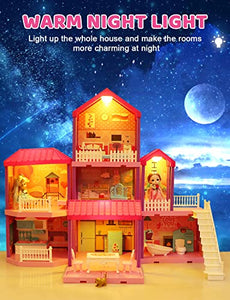 Doll House, Dollhouse w/ Furniture - Pink / Purple Girl Toys | 4 Stories, 11 Rooms w/ 2 Princesses, Slide, Lights, Gifts for 3 4 5 6 7 8 9 10 Year Old Girls Toys(27.6" x 26.8" x 35.8")