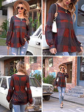 Load image into Gallery viewer, Hibluco Womens Plaid Shirts Long Puff Sleeve Peplum Tops Babydoll Blouses Red
