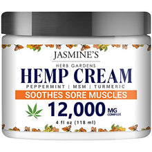 Load image into Gallery viewer, Hemp Cream for Pain, Sore Muscle and Joints by Jasmine’s Herb Garden - 12,000 mg Complex with Peppermint, MSM and Turmeric - Soothes Muscles, Relieves Inflammation - 4 oz
