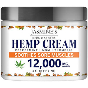 Hemp Cream for Pain, Sore Muscle and Joints by Jasmine’s Herb Garden - 12,000 mg Complex with Peppermint, MSM and Turmeric - Soothes Muscles, Relieves Inflammation - 4 oz