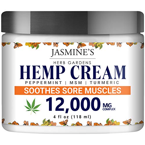 Hemp Cream for Pain, Sore Muscle and Joints by Jasmine’s Herb Garden - 12,000 mg Complex with Peppermint, MSM and Turmeric - Soothes Muscles, Relieves Inflammation - 4 oz