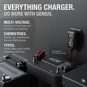 NOCO GENIUS1, 1-Amp Fully-Automatic Smart Charger, 6V and 12V Portable Battery Charger, Battery Maintainer, Trickle Charger, and Battery Desulfator with Temperature Compensation