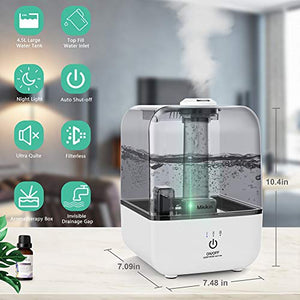 Mikikin Cool Mist Humidifier, Ultrasonic Air Humidifiers for Large Bedroom Babies Home, 4.5L Top Fill Personal Humidifiers with Adjustable Mist Mode, Lasts Up to 30 Hours, Ultra Quiet, Auto Shut-Off