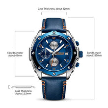 Load image into Gallery viewer, MEGIR Men Business Analogue Quartz Watch with Fashion Blue Leather Strap Chronograph Luminous Auto Calendar for Sport &amp; Work 2074 Blue
