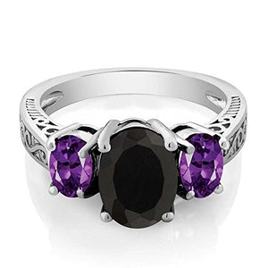 Gem Stone King 2.53 Ct Oval Black Onyx & Purple Amethyst 925 Sterling Silver 3-Stone Gemstone Women's Ring (Size 5)
