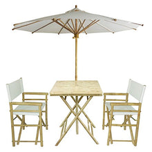 Load image into Gallery viewer, Zew 4-Piece Bamboo Outdoor Backyard Patio Set with Square Table, 2 Folding Canvas Chairs and Umbrella, White

