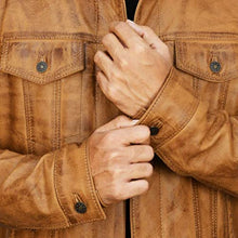 Load image into Gallery viewer, Men's Brown Leather Jacket, Slim Fit Real Lambskin Motorcycle Leather Trucker Jacket Men.
