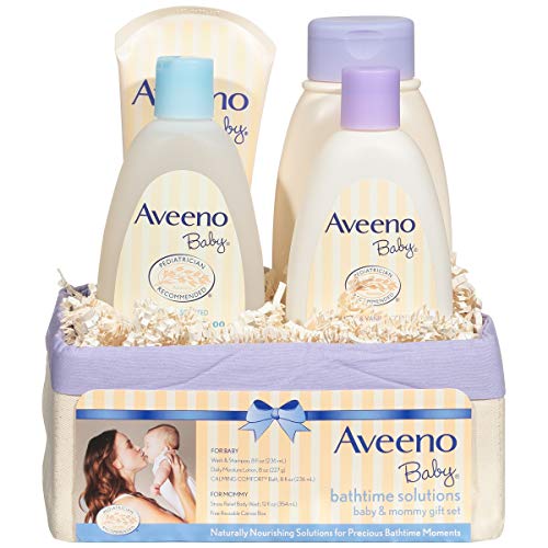 Aveeno Baby Daily Bathtime Solutions Gift Set to Nourish Skin for Baby and Mom, 4 items