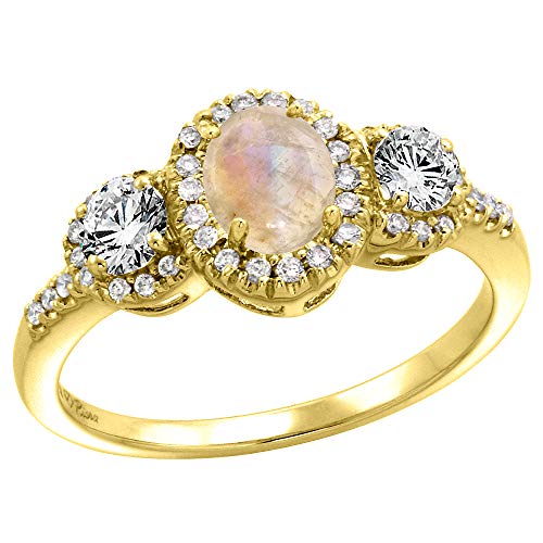 14k Yellow Gold Diamond Genuine Rainbow Moonstone Halo Engagement Ring Oval 7x5mm, size 5.5