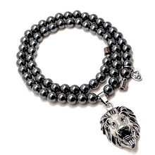 Load image into Gallery viewer, Accents Kingdom Men&#39;s Magnetic Hematite Round Bead Necklace with Stainless Steel Lion Head Pendant 22&quot;
