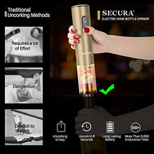 Load image into Gallery viewer, Secura Electric Wine Opener, Automatic Electric Wine Bottle Corkscrew Opener with Foil Cutter, Rechargeable (Champagne Gold)
