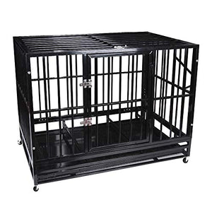 48'' Size Heavy Duty Pet Dog Cage Strong Metal Crate Kennel Playpen w/Wheels&Tray