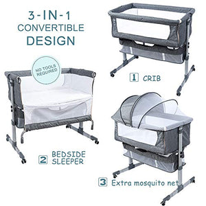 Ihoming Bedside Sleeper Bedside Crib, Baby Bassinet 3 in 1 Travel Baby Crib Baby Bed with Breathable Net, Adjustable Portable Bed for Infant/Baby