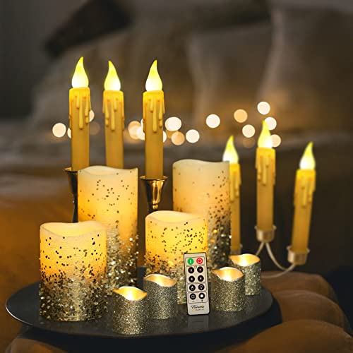 FURORA LIGHTING Silver Glitter Flameless Candles Battery Operated, Remote Controlled Pillar Candles and Votive Candles Bundle with 6 Pack Flickering Taper Candles Battery Operated with Timer
