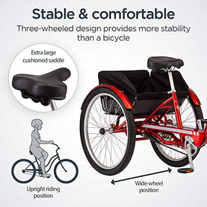 Schwinn Meridian Deluxe Adult Tricycle Bike, Three Wheel Cruiser, 26-Inch Wheels, Low Step-Through Aluminum Frame, Adjustable Handlebars, Large Cruiser Seat, Rear Folding Basket, 3-Speed, Red