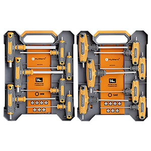 Mulwark 14 PC T-handle Allen Wrench Set Metric and Standard, T Handle Hex Key Set with Storage Box, Two-Tip Design and Chamfered Tips