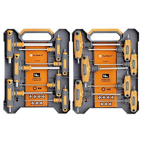 Mulwark 14 PC T-handle Allen Wrench Set Metric and Standard, T Handle Hex Key Set with Storage Box, Two-Tip Design and Chamfered Tips