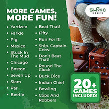 Load image into Gallery viewer, SWOOC Games - Yardzee, Farkle &amp; 20+ Games - Giant Yard Dice Set (All Weather) with Wooden Bucket, 5 Big Laminated Score Cards, and Dry Erase Marker - Jumbo Backyard Lawn Games
