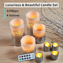 Load image into Gallery viewer, FURORA LIGHTING LED Flameless Candles with Remote – Battery-Operated Flameless Candles Bulk Set of 8 Fake Candles – Small Flameless Candles &amp; Christmas Centerpieces for Tables, Silver Glittery
