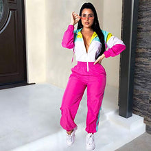 Load image into Gallery viewer, Women Colorblock One Piece Outfits Set High Waist Pants Long Sleeve Zipper Front Windbreaker Jumpsuit Pink L
