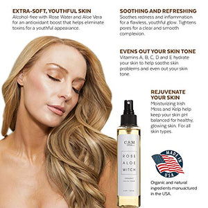 CSM Organic Alcohol-Free Witch Hazel Face Toner with Rose Water, Aloe Vera - Minimizes Pores, Soothes Skin for a Fresh, Clear Complexion - Easy Mist Spray - RAW Facial Toner - Made in The USA