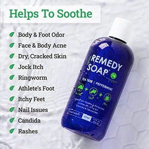 Remedy Soap Tea Tree Oil Body Wash | Helps Body Odor, Athlete's Foot, Jock Itch, Ringworm, Yeast Infections, Skin Irritations | Shower Gel for Women/Men | 100% Natural Tea Tree, Mint & Aloe Skin Cleanser (12 oz)