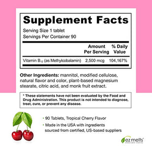 EZ Melts B12 as Methylcobalamin, 2,500 mcg, Sublingual Vitamins, Vegan, Zero Sugar, Natural Cherry Flavor, 90 Fast Dissolve Tablets