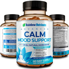 Load image into Gallery viewer, 28 in 1 Calm Mood Support Supplement- Natural Happy Pills for Occasional Anxiousness &amp; Stress, Worry feelings, Relaxation, Mental Clarity | Max Dopamine Mood Boost for Women &amp; Men | 120 Vegan Capsules
