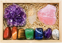 Load image into Gallery viewer, Crystalya Premium Grade Crystals and Healing Stones in Wooden Display Box - 7 Tumbled Chakra Gemstones, Amethyst Crystal, Rose Quartz, Quartz Crystal Point + Guide &amp; Instructions - Gift Kit
