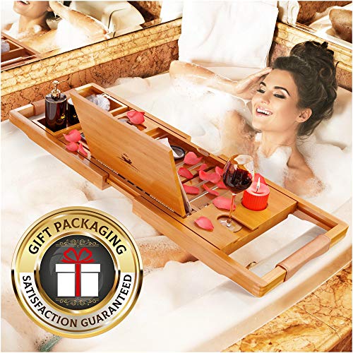 Your Majesty YM Lux Craft Bamboo Bathtub Caddy Tray [Durable, Non-Slip], 1-2 Adults Expandable Bathtub Tray, Beautiful Gift Box, Fits Any Tub Bath - Holds Book, Wine, Phone, Ipad, Laptop