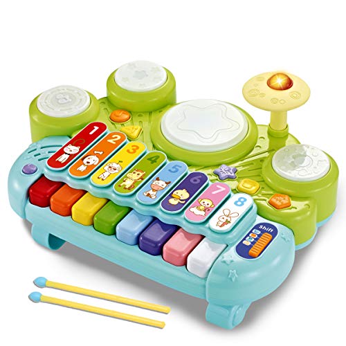 fisca 3 in 1 Musical Instruments Toys, Electronic Piano Keyboard Xylophone Drum Set - Learning Toys with Lights for Baby & Toddler 1 2 3 Year Old Boys and Girls