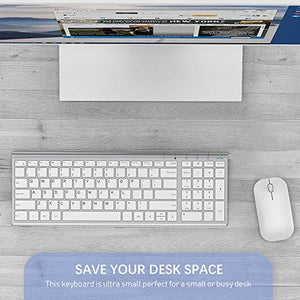 Wireless Keyboard Mouse, Seenda Ultra Thin Small Rechargeable Keyboard and Mouse Set with Number Pad, Aluminum Wireless Keyboard for Windows Laptop Computer, Silver White