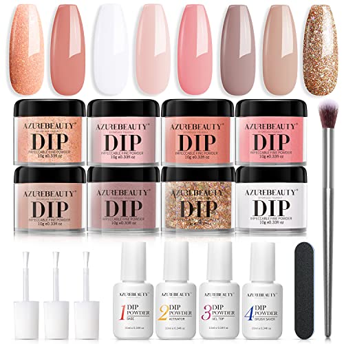 AZUREBEAUTY 17Pcs Dip Powder Nail Kit Starter Nude Skin Tones Champagne Glitter Pink Neutral Acrylic Dipping Powder Liquid Set with Base/Top Coat for French Nail Art Manicure Beginner Party Gift