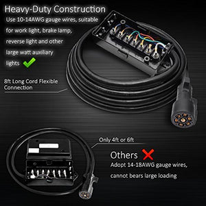 MICTUNING Heavy Duty 7 Way Plug Inline Trailer Cord with 7 Gang Junction Box - 8 Feet, Weatherproof